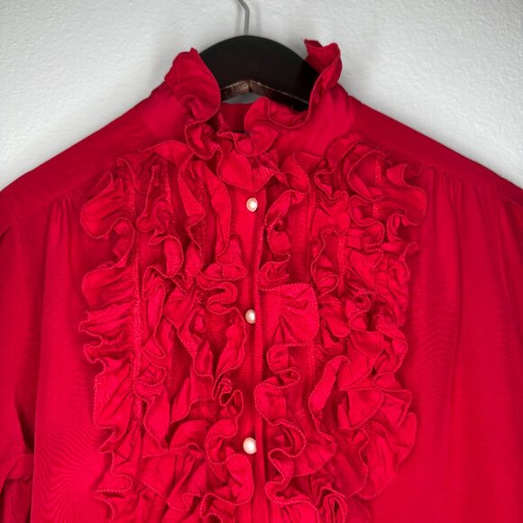 Vintage Ruffle Blouse Y2K 00s Harve Benard Red Silk Tuxedo Romantic Poet Small - Picture 2 of 9